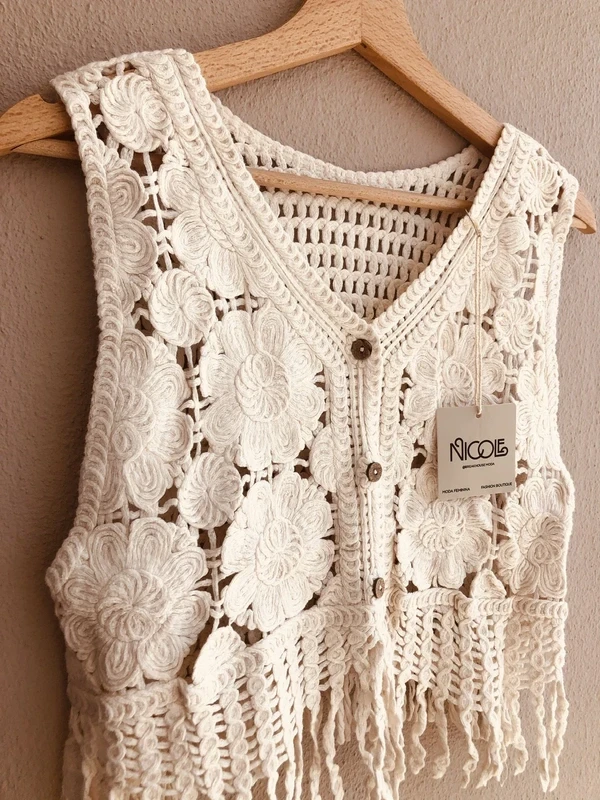 Colete em crochet boho com franjas – Novo em Branco creme – photo 2